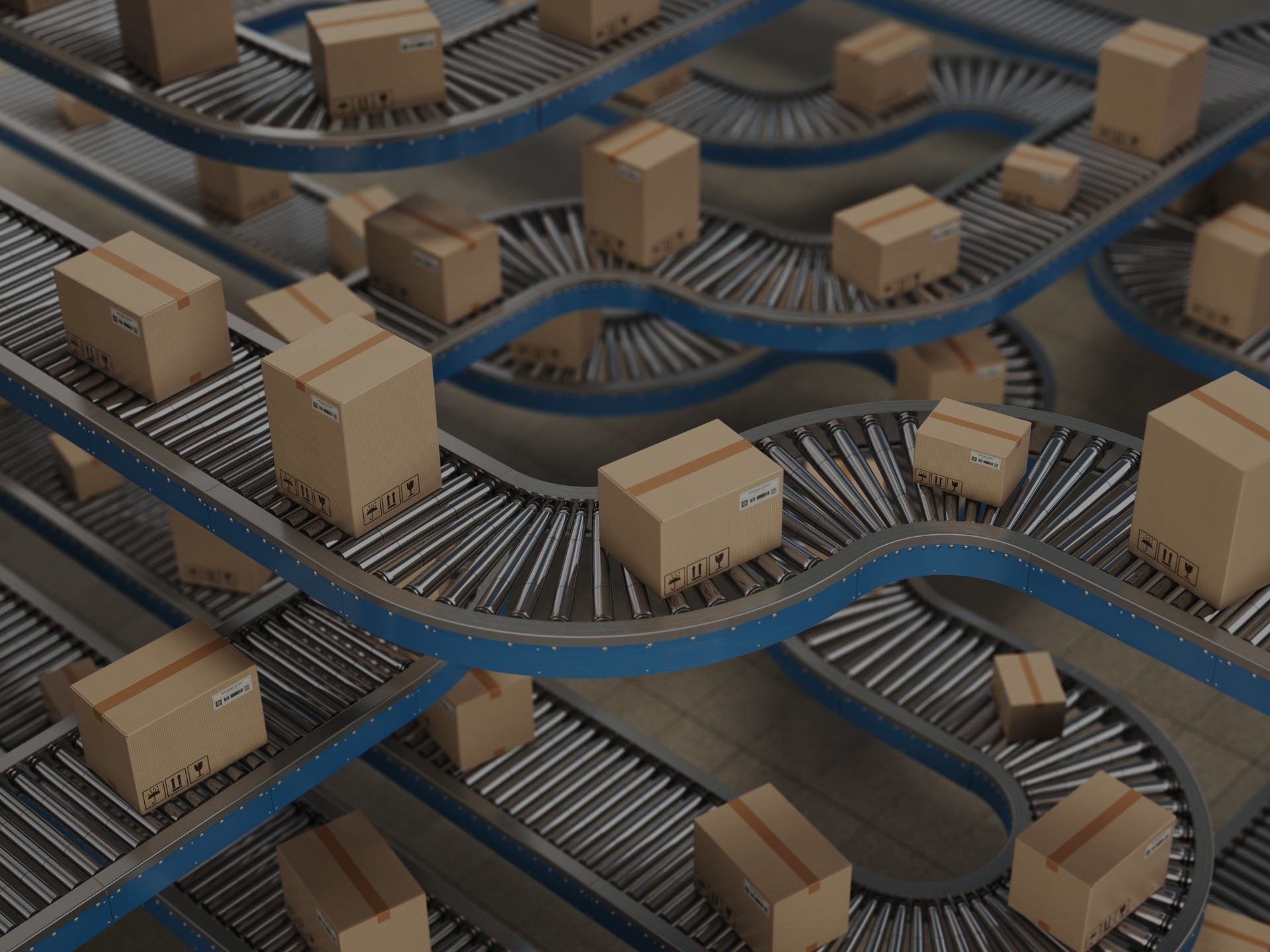 Boxes being processed through the conveyor belt of a distribution center. 